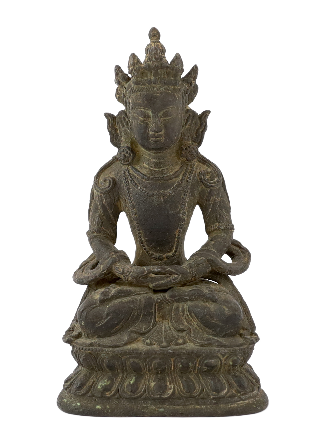 A Chinese bronze seated figure of Amitayus, probably 18th century, surface pitted